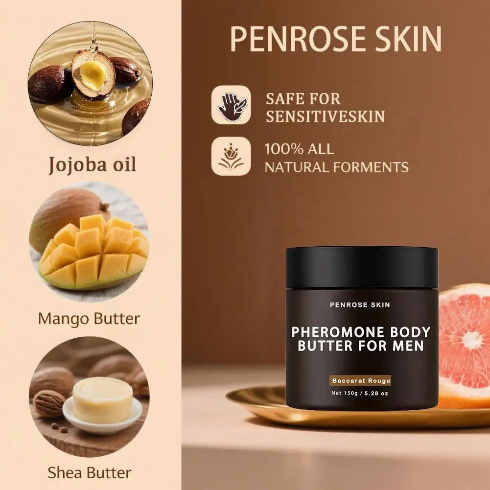 Beurre corporel aux phéromones PENROSE SKIN pour hommes 150g — Parfum rouge longue durée, beurre de karité et huile de jojoba, crème corps hydratante et nourrissante.