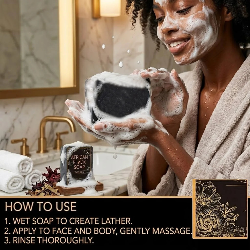 Savon noir africain au beurre de karité — Savon nettoyant hydratant, nettoyage en profondeur, hydratation de la peau et éclat du teint.