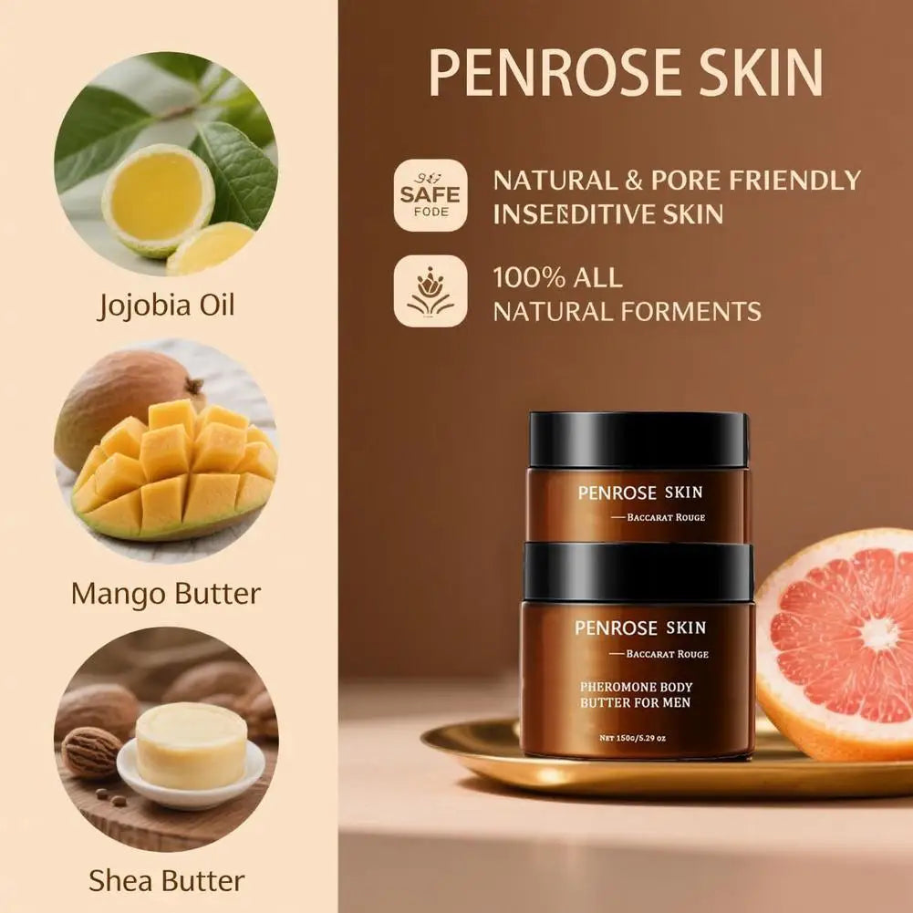 Beurre corporel pour hommes PENROSE SKIN 150g — Beurre de karité, phéromones et glycérine, crème hydratante pour peaux sèches et rugueuses, soin quotidien parfumé.
