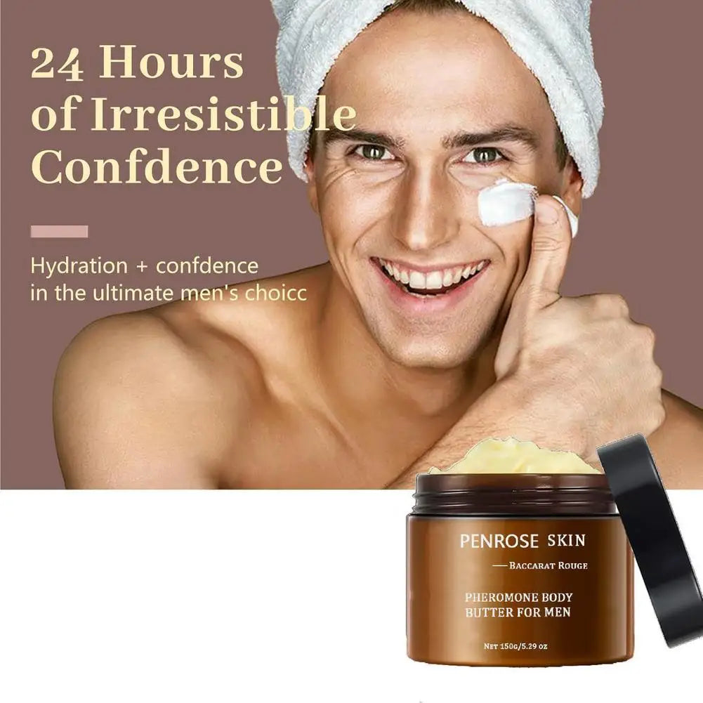 Beurre corporel pour hommes PENROSE SKIN 150g — Beurre de karité, phéromones et glycérine, crème hydratante pour peaux sèches et rugueuses, soin quotidien parfumé.