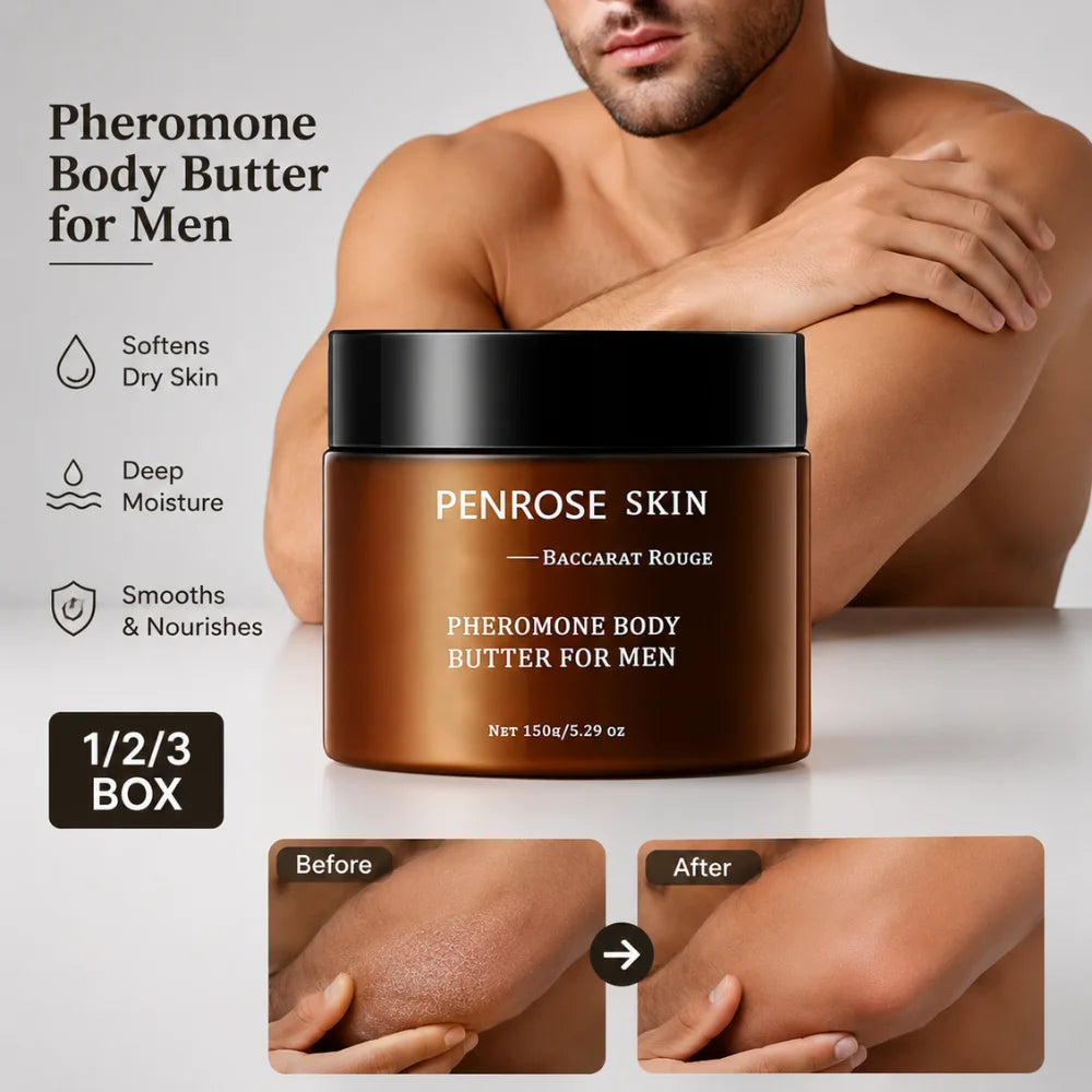 Beurre corporel pour hommes PENROSE SKIN 150g — Beurre de karité, phéromones et glycérine, crème hydratante pour peaux sèches et rugueuses, soin quotidien parfumé.