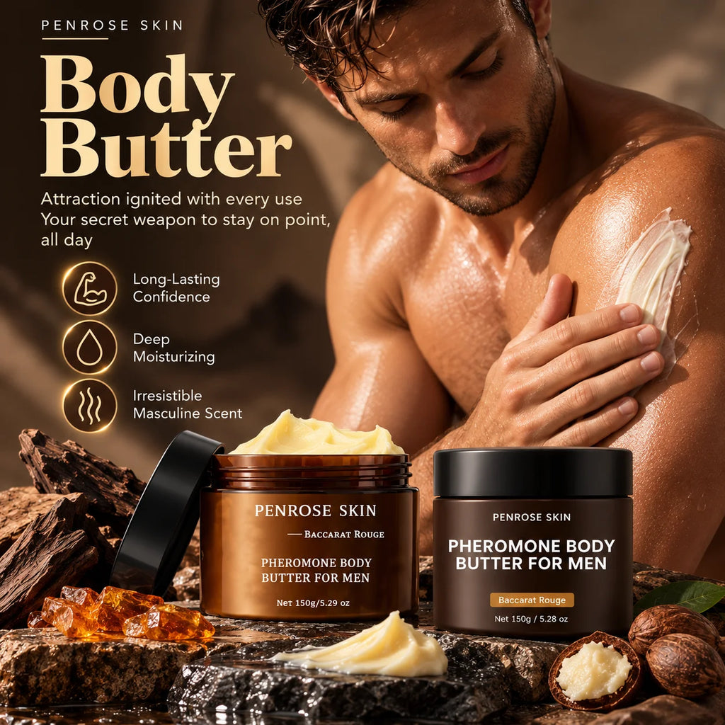 Beurre corporel aux phéromones PENROSE SKIN pour hommes 150g — Parfum rouge longue durée, beurre de karité et huile de jojoba, crème corps hydratante et nourrissante.