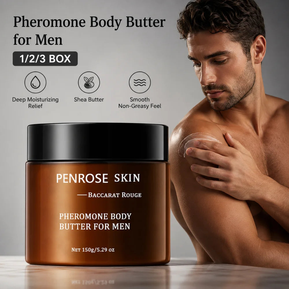 Beurre corporel pour hommes PENROSE SKIN 150g — Beurre de karité, phéromones et glycérine, crème hydratante pour peaux sèches et rugueuses, soin quotidien parfumé.