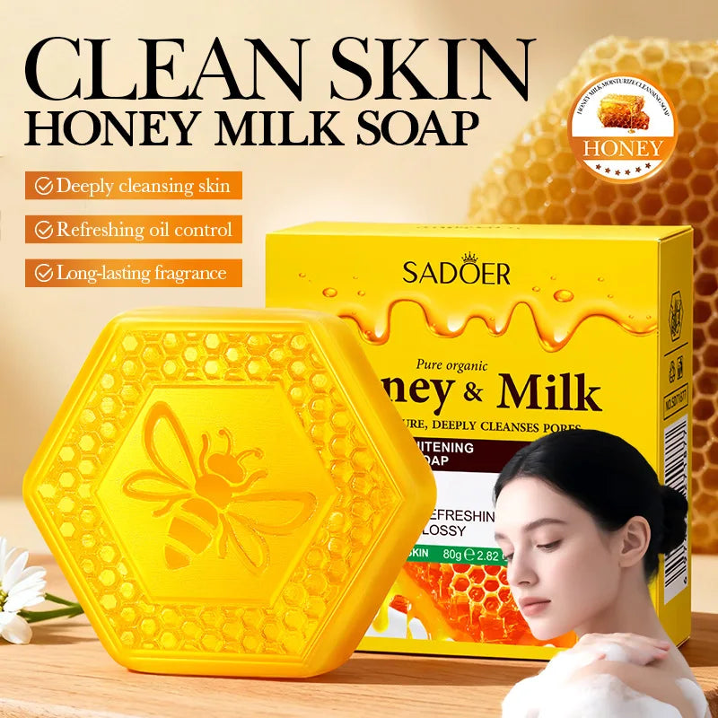 Savon visage et corps au miel et au lait — Blanchissant, hydratant et nettoyant en profondeur, contrôle du sébum pour une peau lisse et douce.