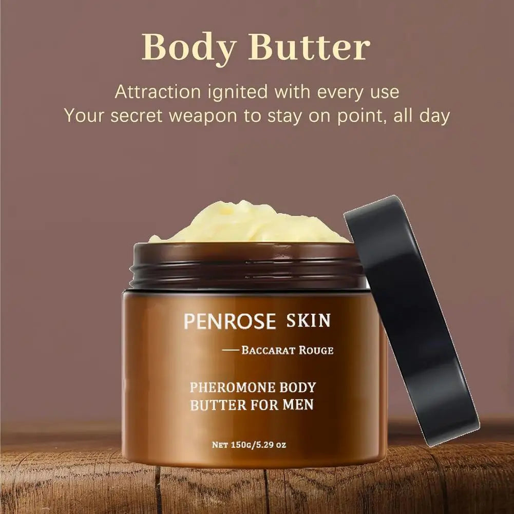 Beurre corporel pour hommes PENROSE SKIN 150g — Beurre de karité, phéromones et glycérine, crème hydratante pour peaux sèches et rugueuses, soin quotidien parfumé.