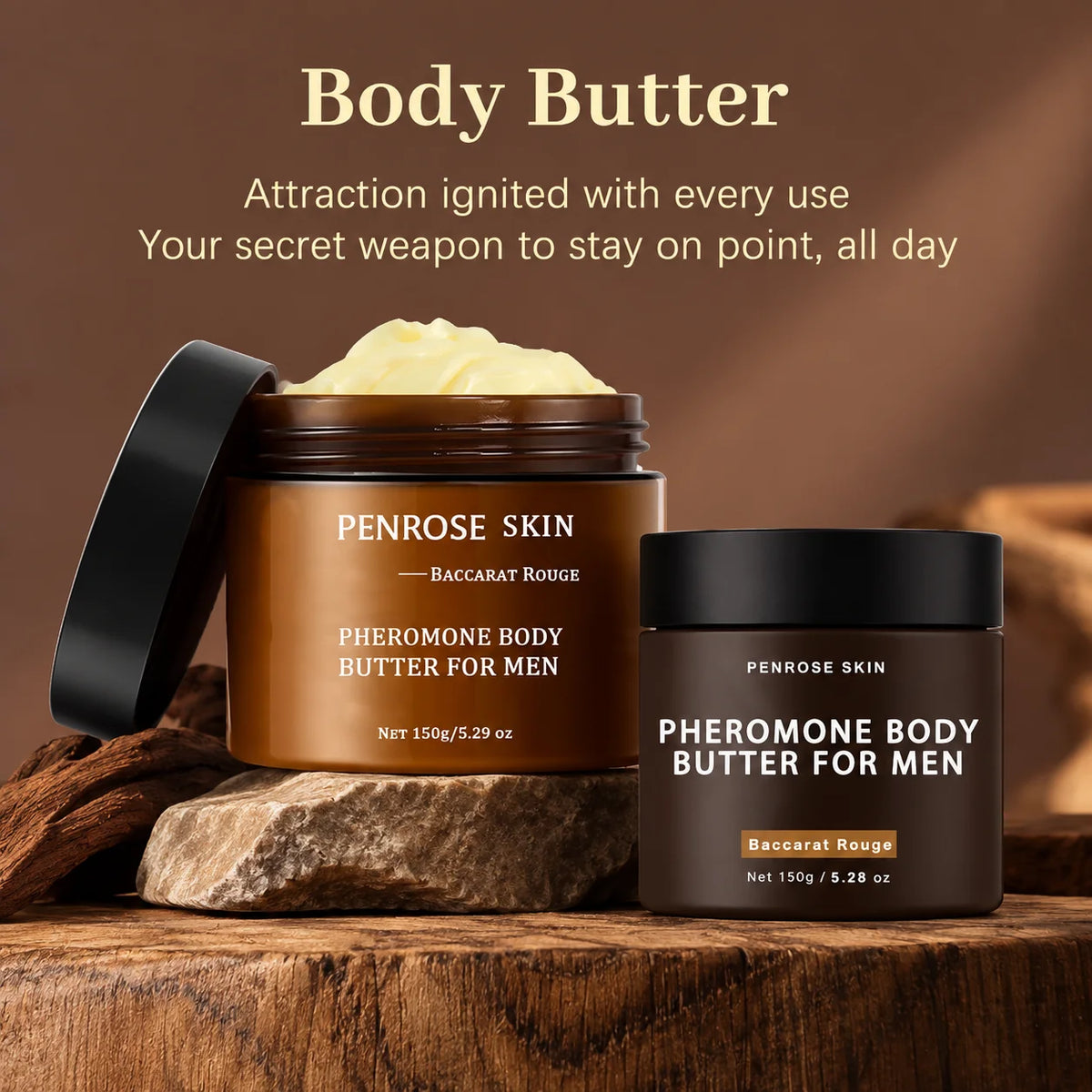 Beurre corporel aux phéromones PENROSE SKIN pour hommes 150g — Parfum rouge longue durée, beurre de karité et huile de jojoba, crème corps hydratante et nourrissante.