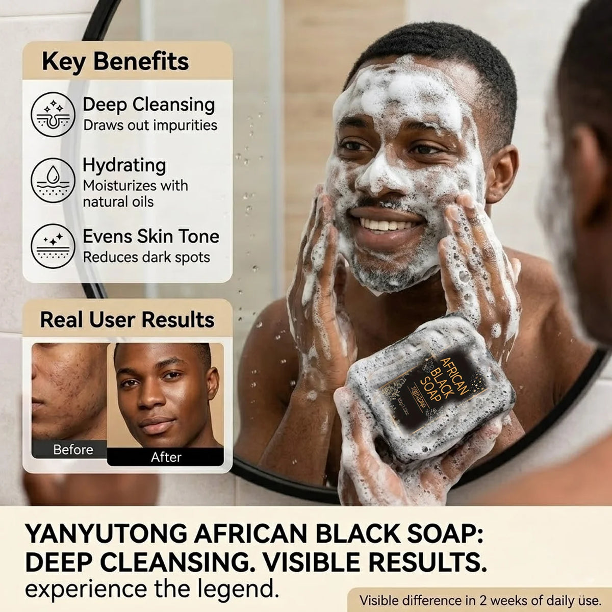 Savon noir africain au beurre de karité — Savon nettoyant hydratant, nettoyage en profondeur, hydratation de la peau et éclat du teint.