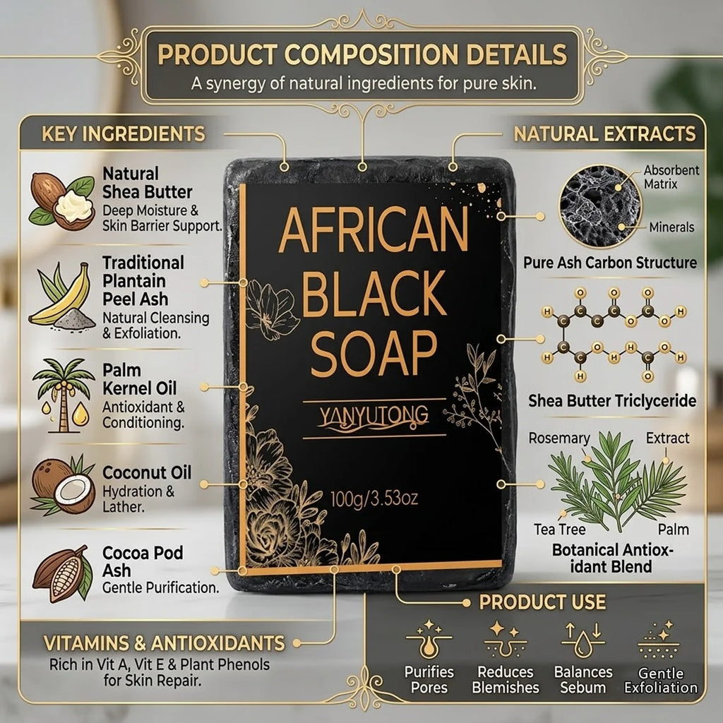 Savon noir africain au beurre de karité — Savon nettoyant hydratant, nettoyage en profondeur, hydratation de la peau et éclat du teint.