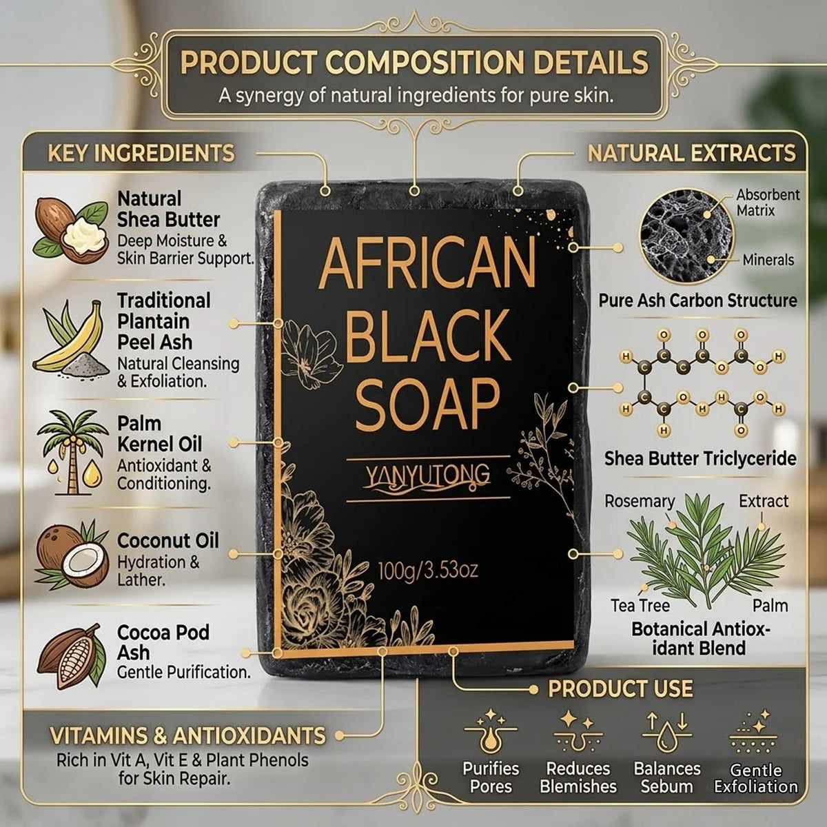 Savon noir africain au beurre de karité — Savon nettoyant hydratant, nettoyage en profondeur, hydratation de la peau et éclat du teint.